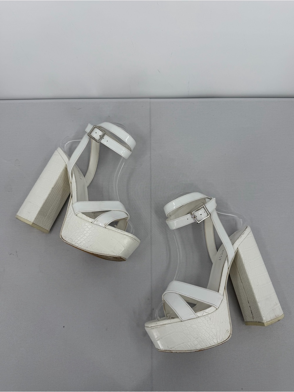 White croc embossed chunky block patent strappy platform heels 7.5 party bridal